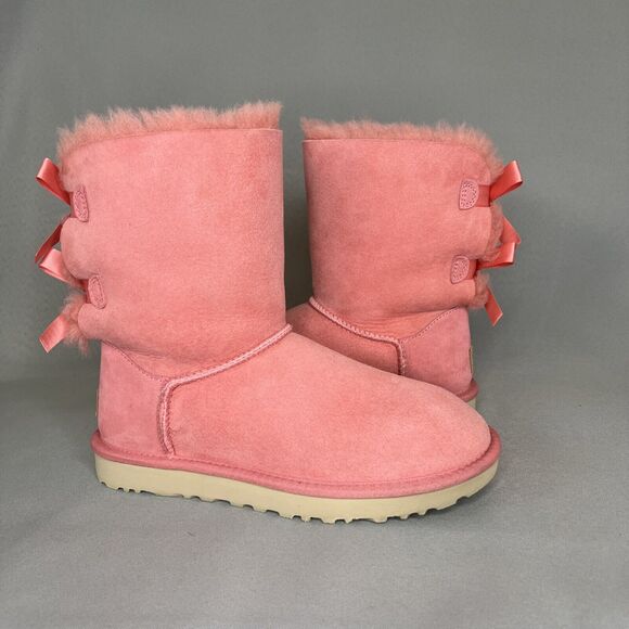 Women's Ugg Boots Size 7 Pink Bailey Bow Suede Wool Coquette Sold Out 1016225 - Picture 2 of 14